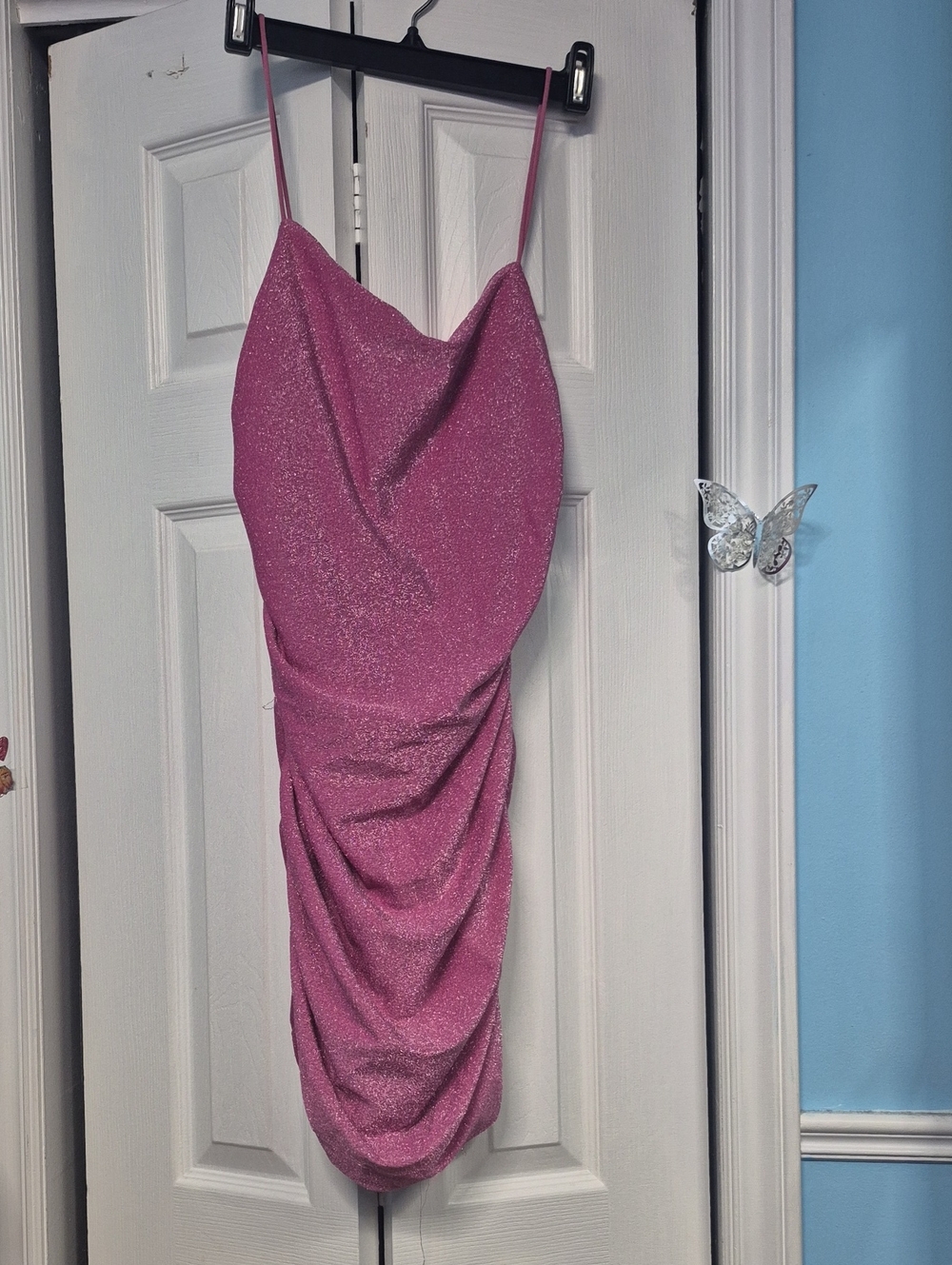 SHEIN Pink Sparkle Cowl Neck Mini Dress